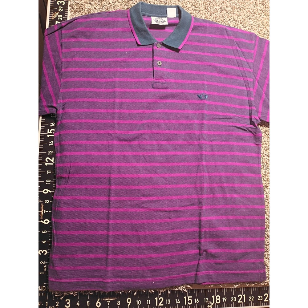 Vintage Dockers Levis Mens Large Long Sleeve Polo Shirt Purple Teal Striped USA